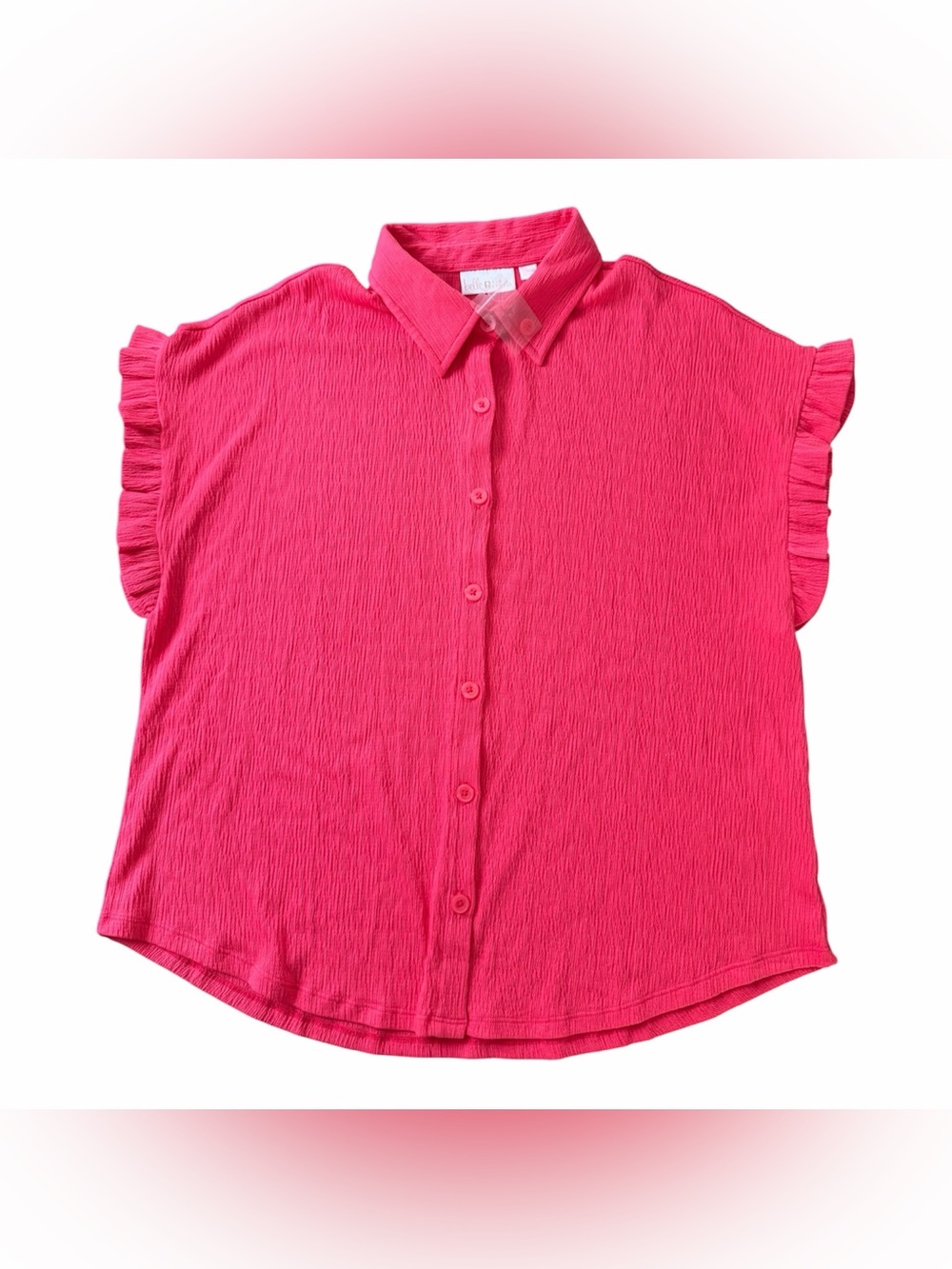 Kim Gravel Pink Solid Ribbed Collared Button-Down Short Sleeve Ruffle Blouse
